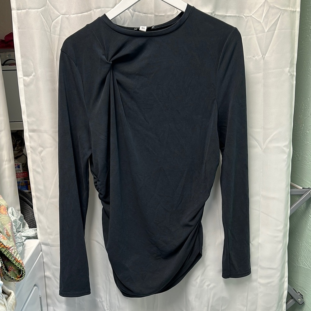 Topshop Black Ruched Long Sleeve Blouse